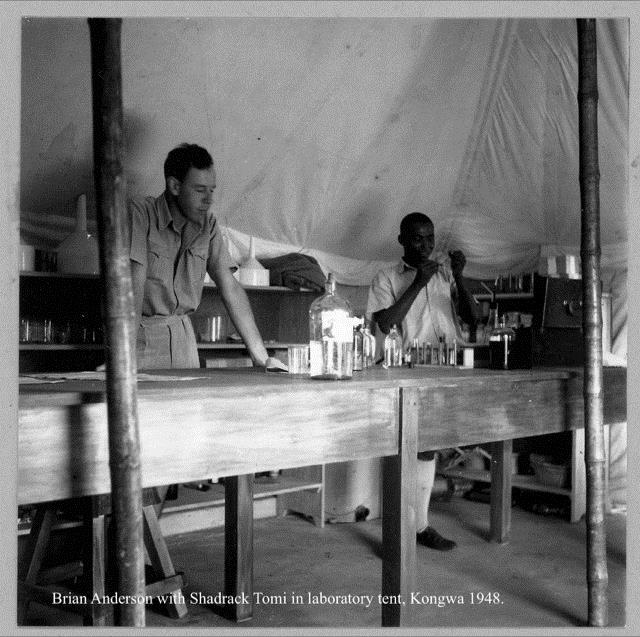 Brian Anderson and Shadrack Tomi in Laboratory Tent. Kongwa 1948